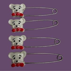 Set of 4 Vintage Bear Diaper Pins White Bears Red Bow Ties Nursery Retro Baby